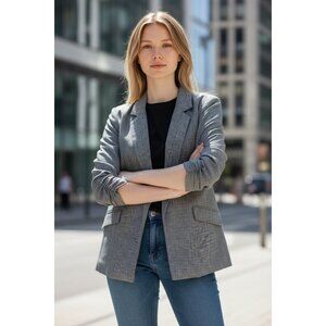 Skies Are Blue S Gray Plaid Knit Blazer Ruched 3/4 Sleeve Lined Jacket Stretch